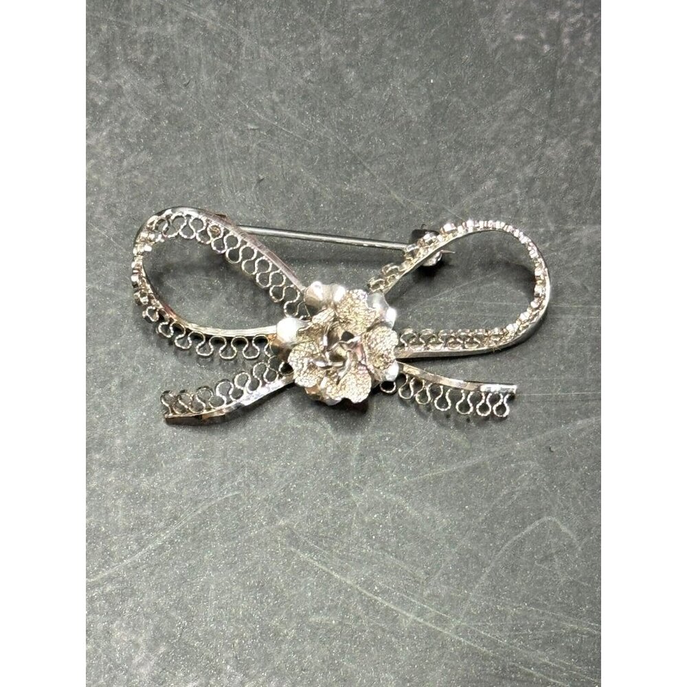 Vintage 925 Sterling Silver Star-Art Rose Filigree Bow Dress Pin Brooch New York